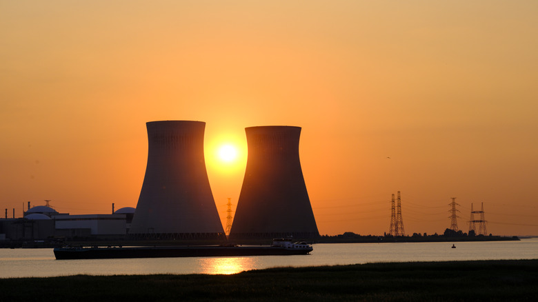 Belgian nuclear power plant at sunset