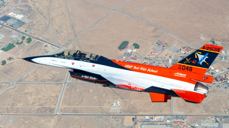 The X-62A VISTA Aircraft flying above Edwards Air Force Base, California.