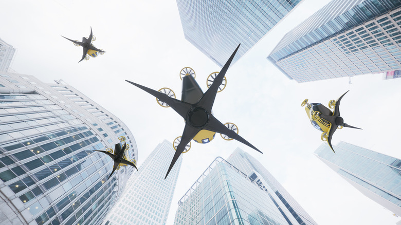 Drones flying in city