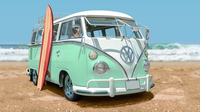 split-window VW Bus on beach