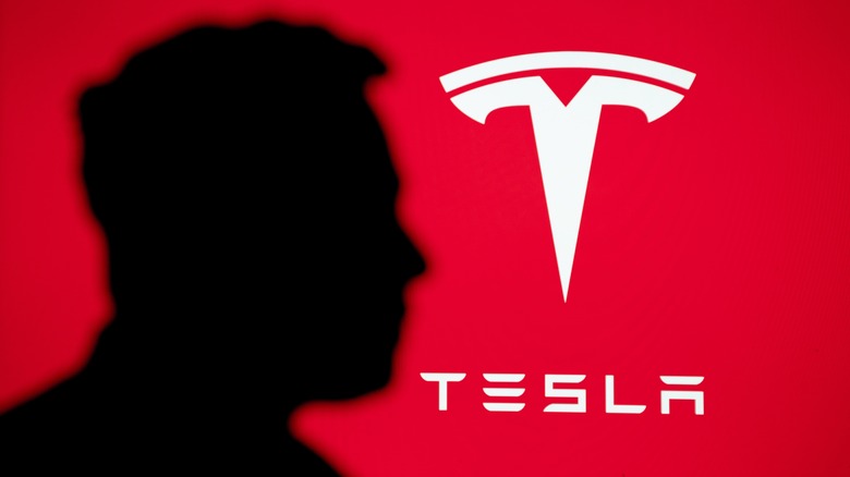 Elon Musk silhouette in front tesla logo